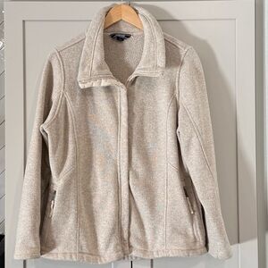 Lands End Women's Oatmeal Cream Heathered Sweater Fleece Full Zip Jacket - Sz L